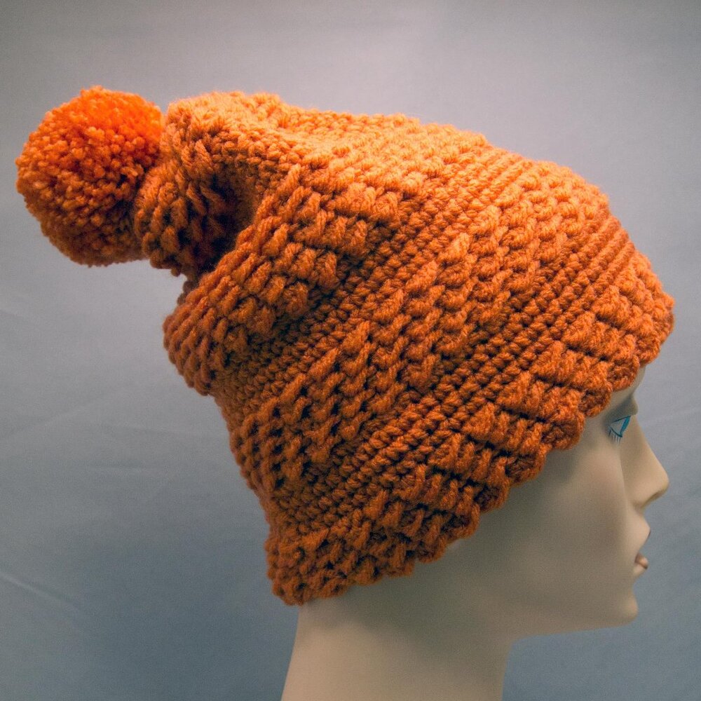 Crochet Orange Beanie Solid Color with Pom Pom Handmade